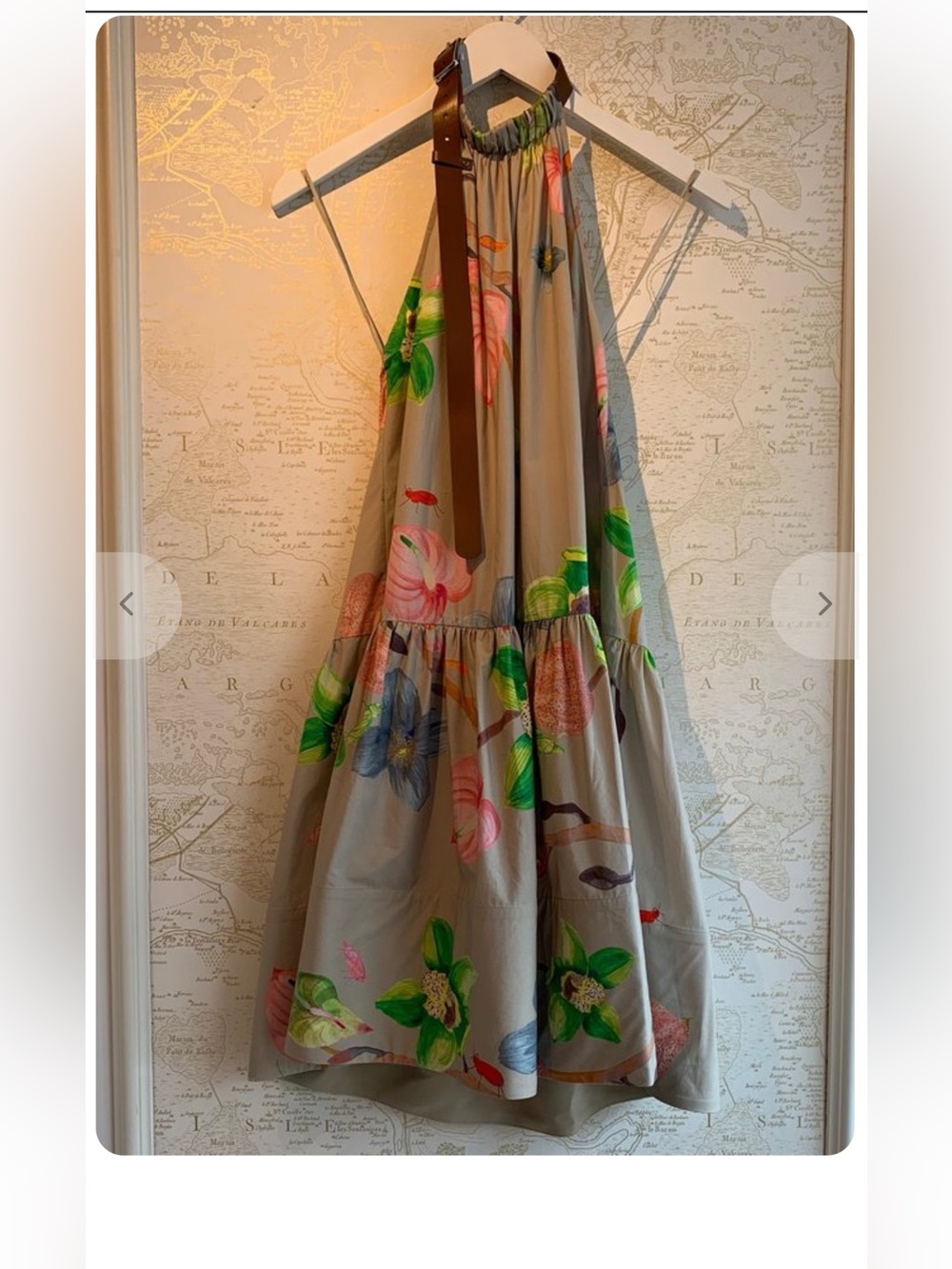 Tibi Taupe Halter Dress with Pink & Green Floral Print